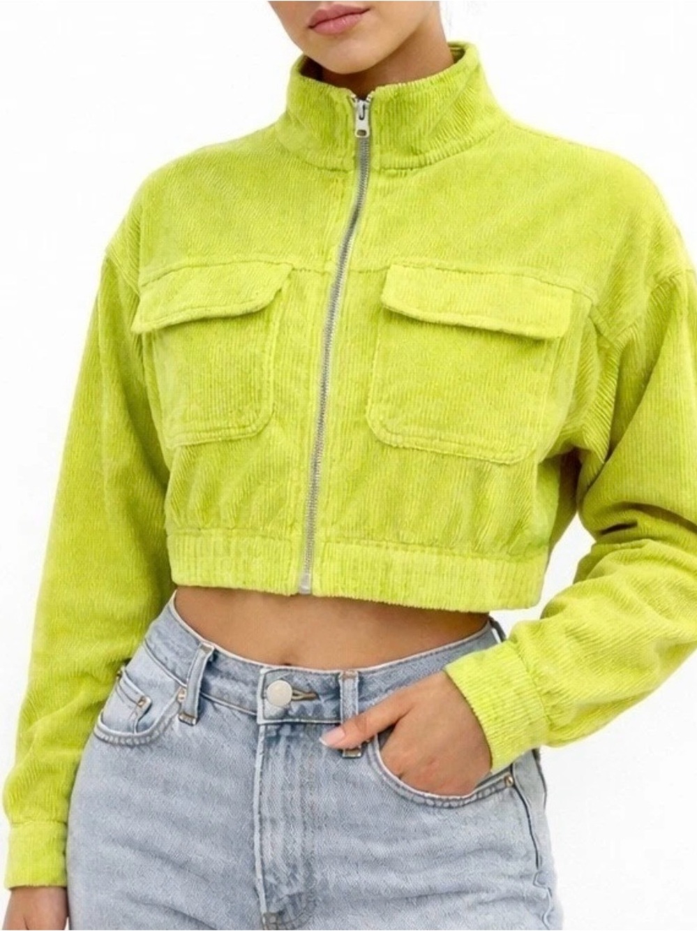 Aerie Size Medium Corduroy Cropped Zip Up Yellow Jacket